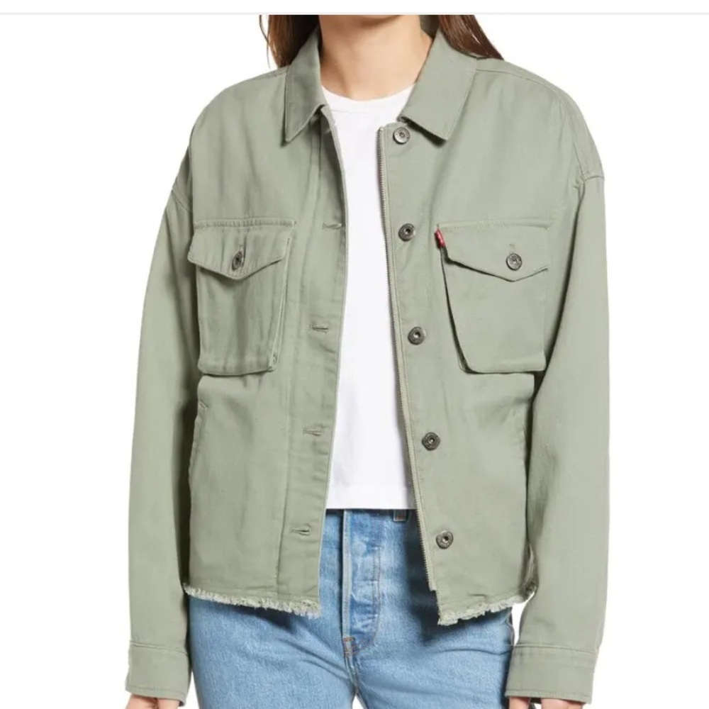 Levi's Crop Raw Hem Utility Denim Jacket in Sea Spray Green Size XL